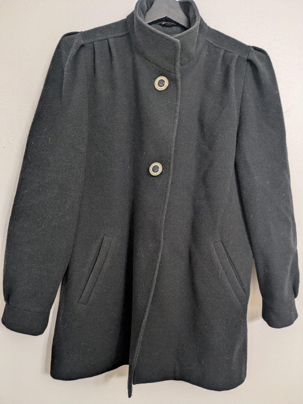 Women's Black Stand-Collar Classic Wool Coat - Outerwear